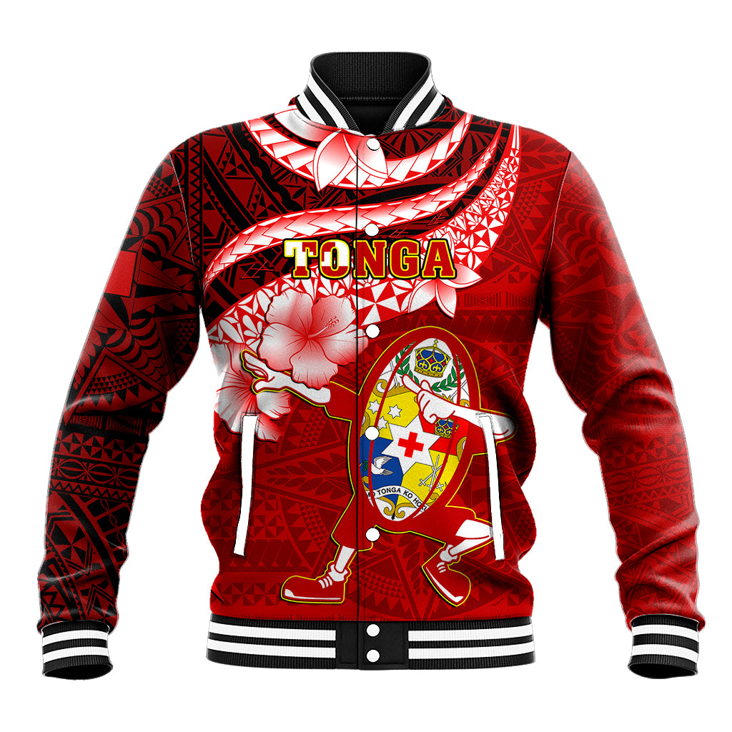Tonga Rugby Baseball Jacket Ikale Tahi Tongan Ngatu Pattern With Dabbing Ball LT14 Unisex Red - Polynesian Pride