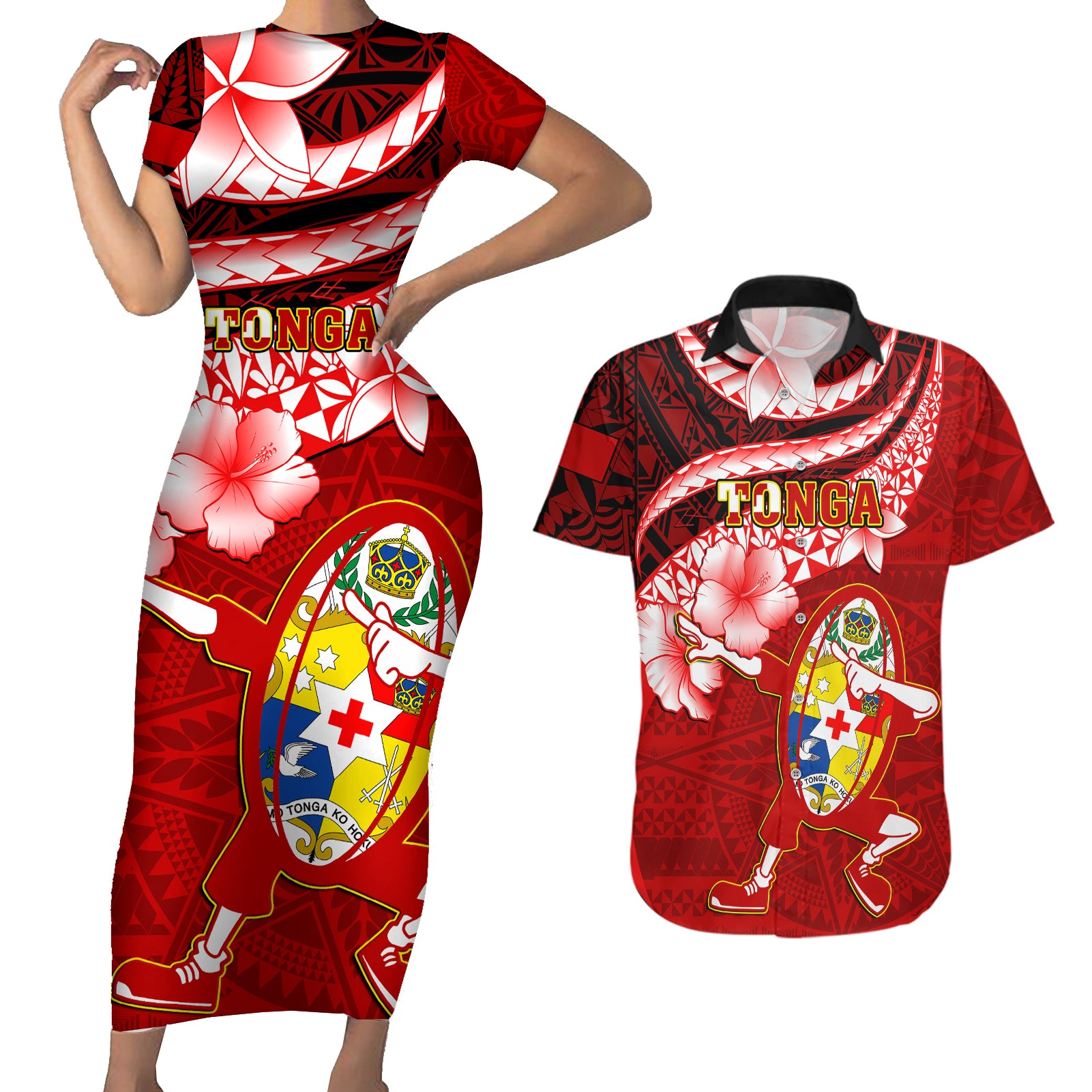 Tonga Rugby Couples Matching Short Sleeve Bodycon Dress and Hawaiian Shirt Ikale Tahi Tongan Ngatu Pattern With Dabbing Ball LT14 Red - Polynesian Pride