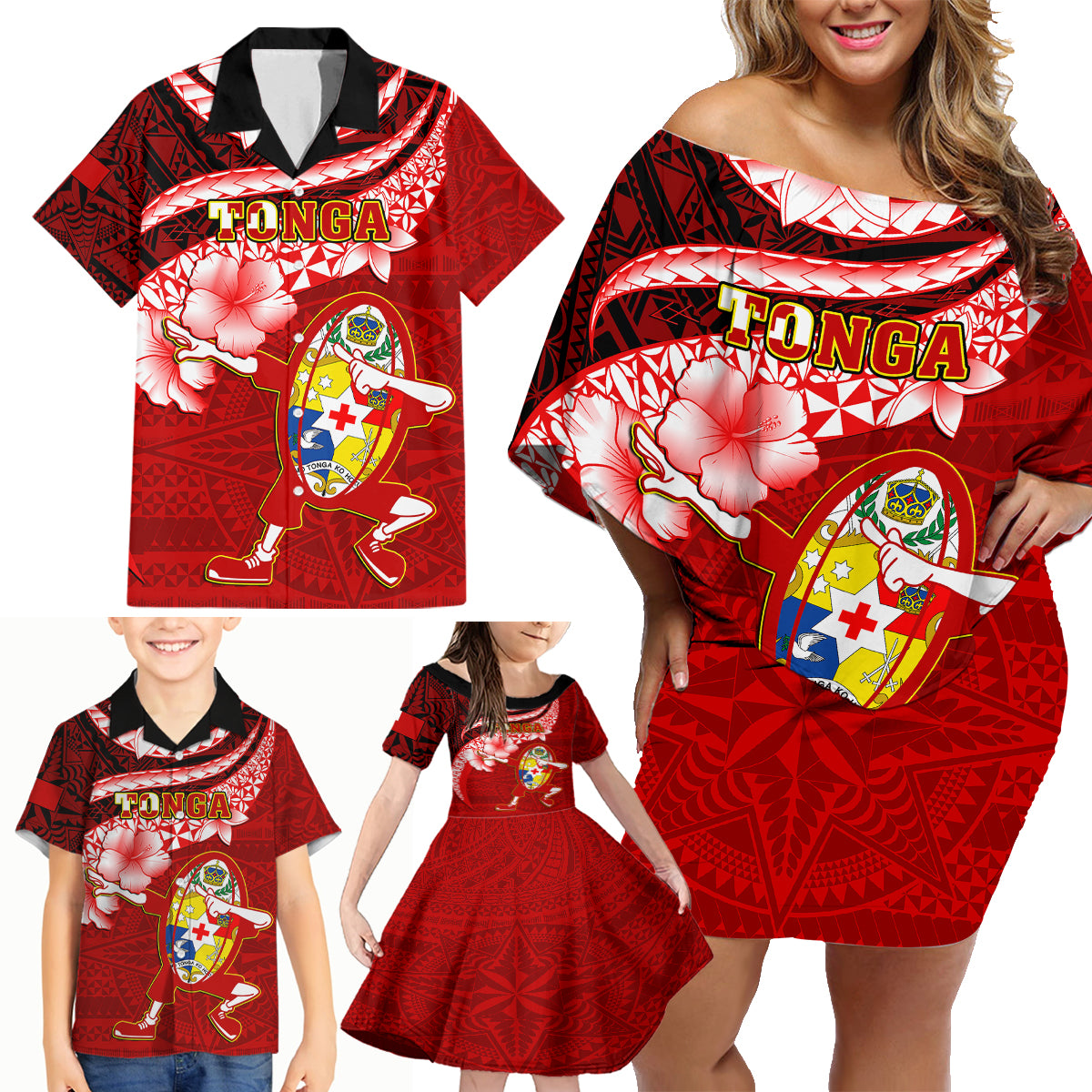 Tonga Rugby Family Matching Off Shoulder Short Dress and Hawaiian Shirt Ikale Tahi Tongan Ngatu Pattern With Dabbing Ball LT14 - Polynesian Pride