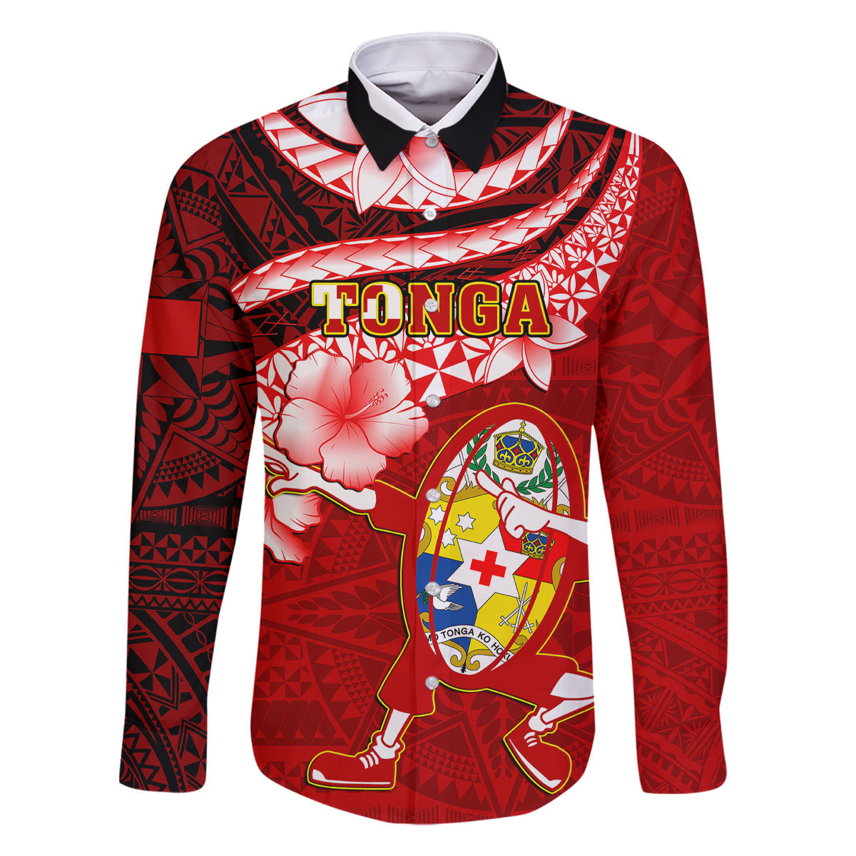 Tonga Rugby Family Matching Off Shoulder Short Dress and Hawaiian Shirt Ikale Tahi Tongan Ngatu Pattern With Dabbing Ball LT14 Dad's Shirt - Long Sleeve Red - Polynesian Pride