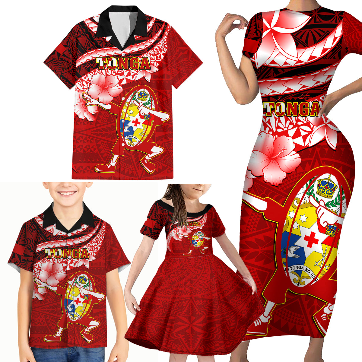 Tonga Rugby Family Matching Short Sleeve Bodycon Dress and Hawaiian Shirt Ikale Tahi Tongan Ngatu Pattern With Dabbing Ball LT14 - Polynesian Pride