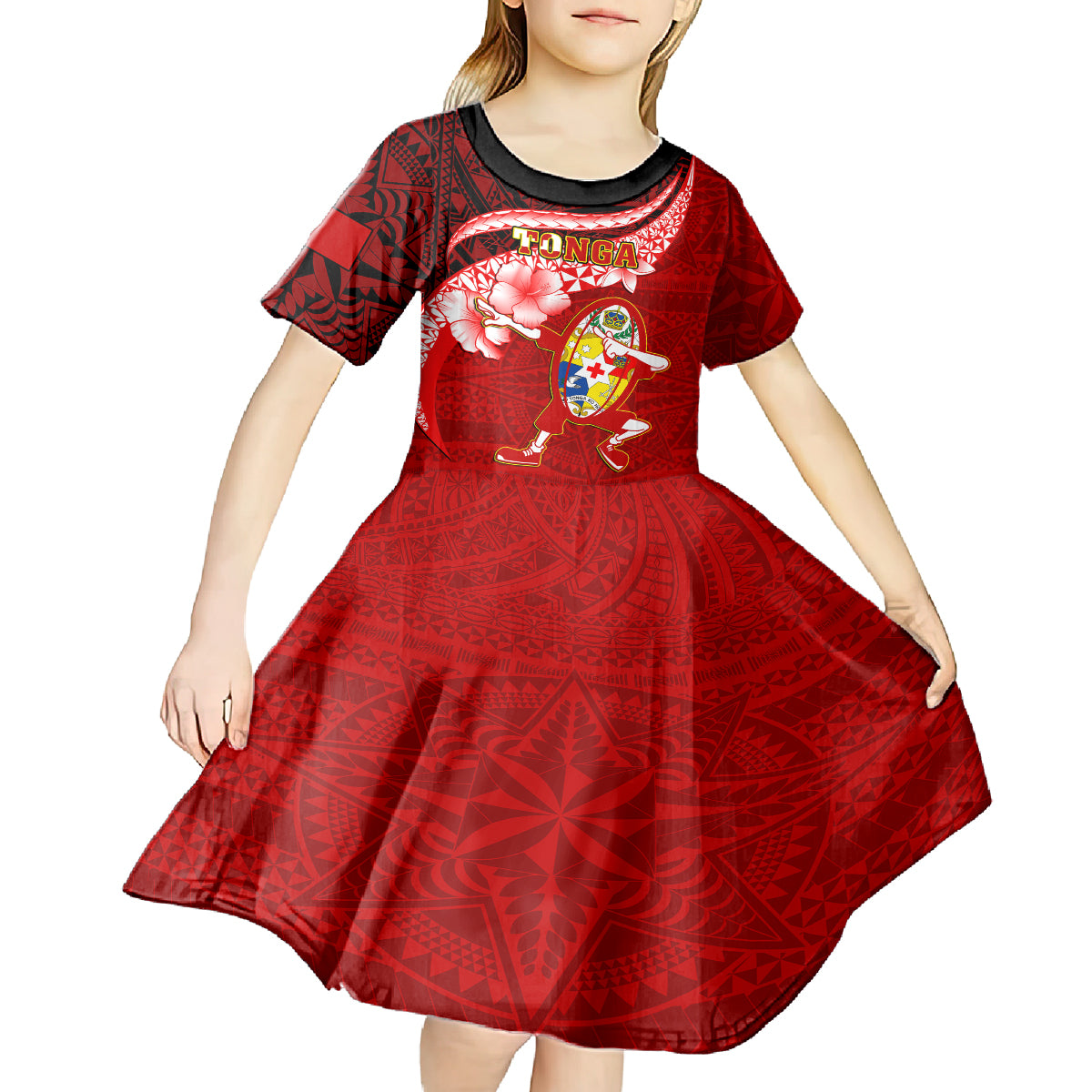 Tonga Rugby Kid Short Sleeve Dress Ikale Tahi Tongan Ngatu Pattern With Dabbing Ball LT14 - Polynesian Pride