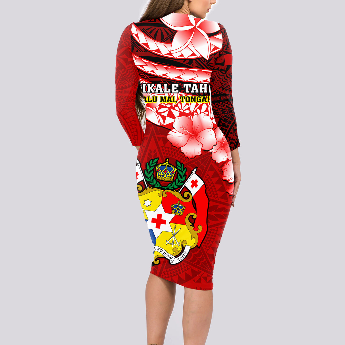 Tonga Rugby Long Sleeve Bodycon Dress Ikale Tahi Tongan Ngatu Pattern With Dabbing Ball LT14 - Polynesian Pride