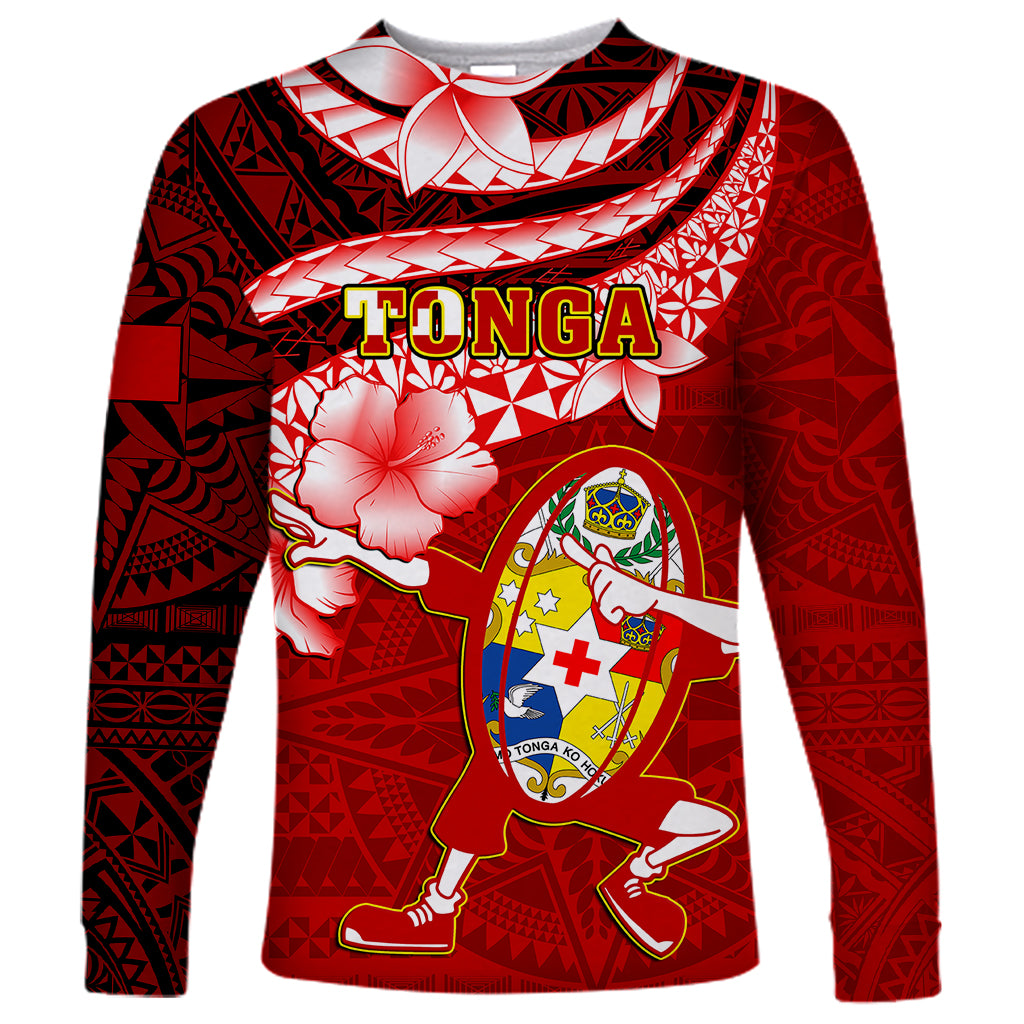 Tonga Rugby Long Sleeve Shirt Ikale Tahi Tongan Ngatu Pattern With Dabbing Ball LT14 Unisex Red - Polynesian Pride