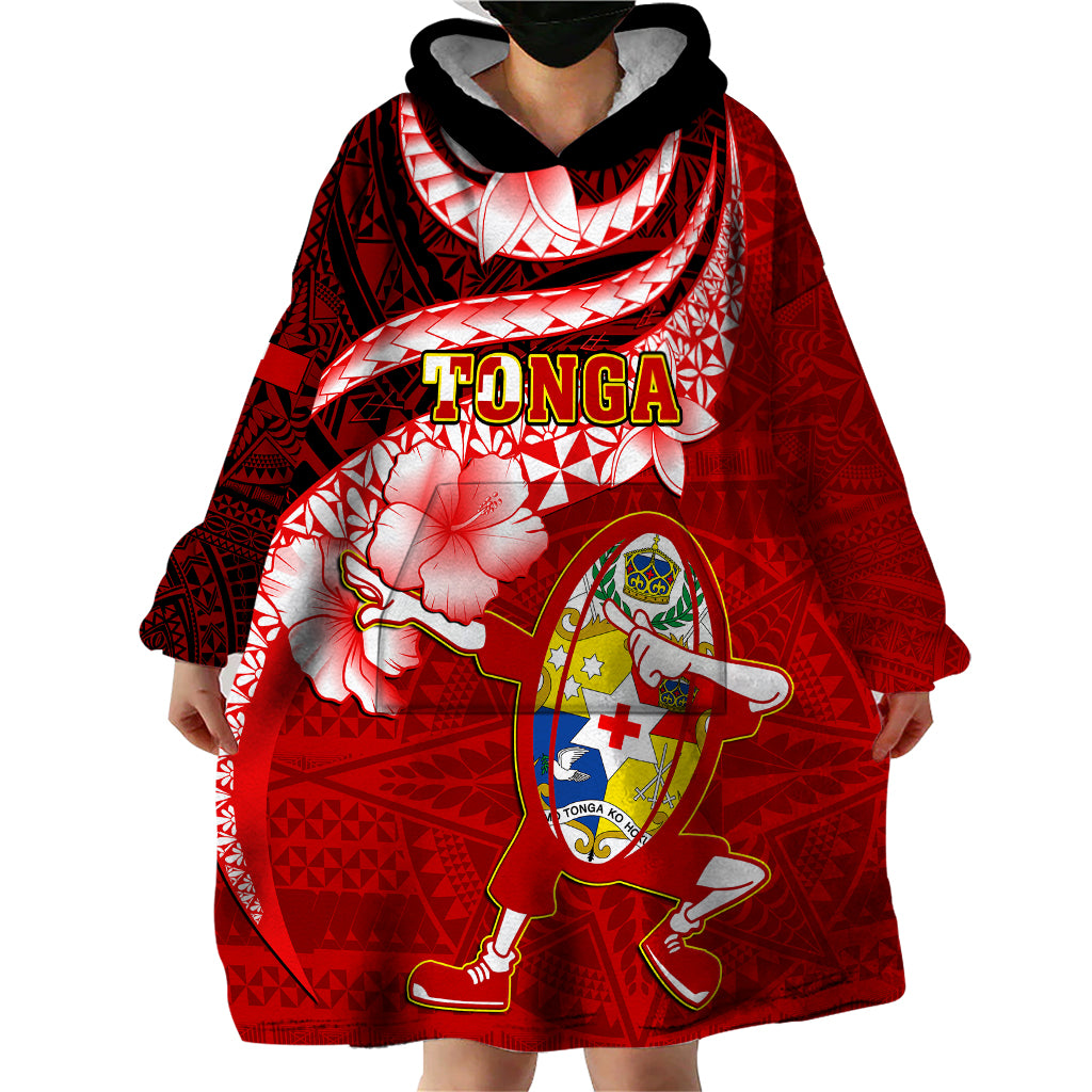 Tonga Rugby Wearable Blanket Hoodie Ikale Tahi Tongan Ngatu Pattern With Dabbing Ball LT14 - Polynesian Pride