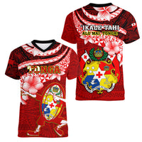 Tonga Rugby Women V Neck T Shirt Ikale Tahi Tongan Ngatu Pattern With Dabbing Ball LT14 - Polynesian Pride