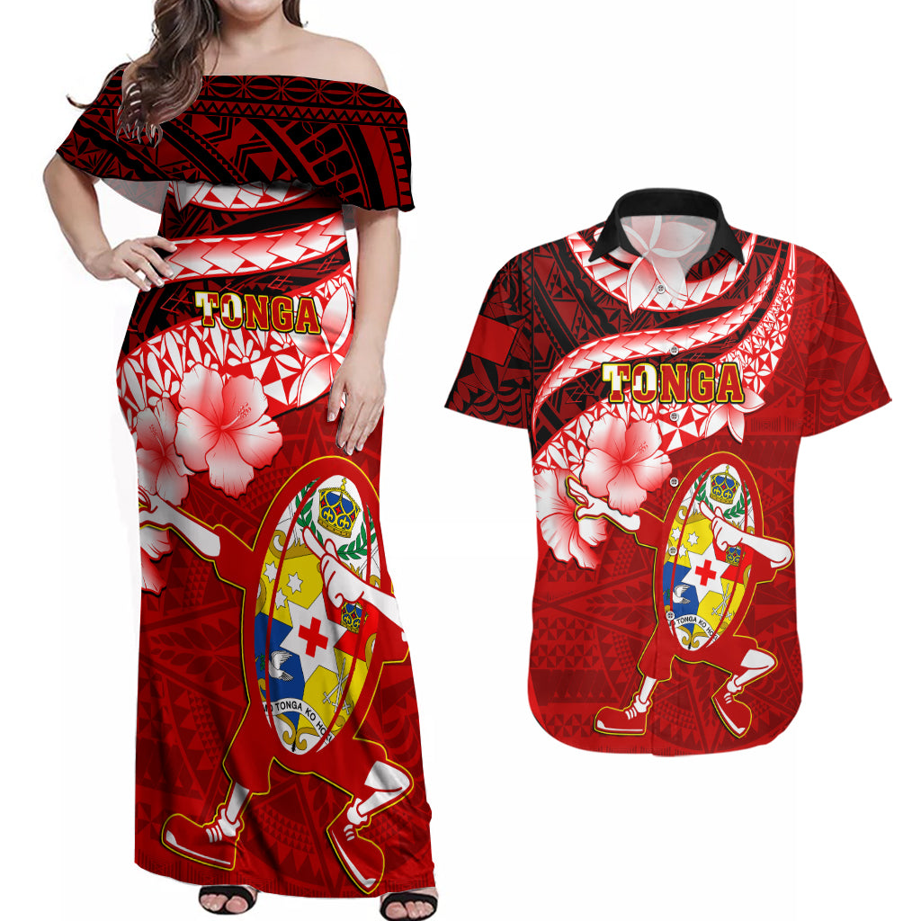 Custom Tonga Rugby Couples Matching Off Shoulder Maxi Dress and Hawaiian Shirt Ikale Tahi Tongan Ngatu Pattern With Dabbing Ball LT14 Red - Polynesian Pride