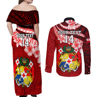 Custom Tonga Rugby Couples Matching Off Shoulder Maxi Dress and Long Sleeve Button Shirts Ikale Tahi Tongan Ngatu Pattern With Dabbing Ball LT14 - Polynesian Pride