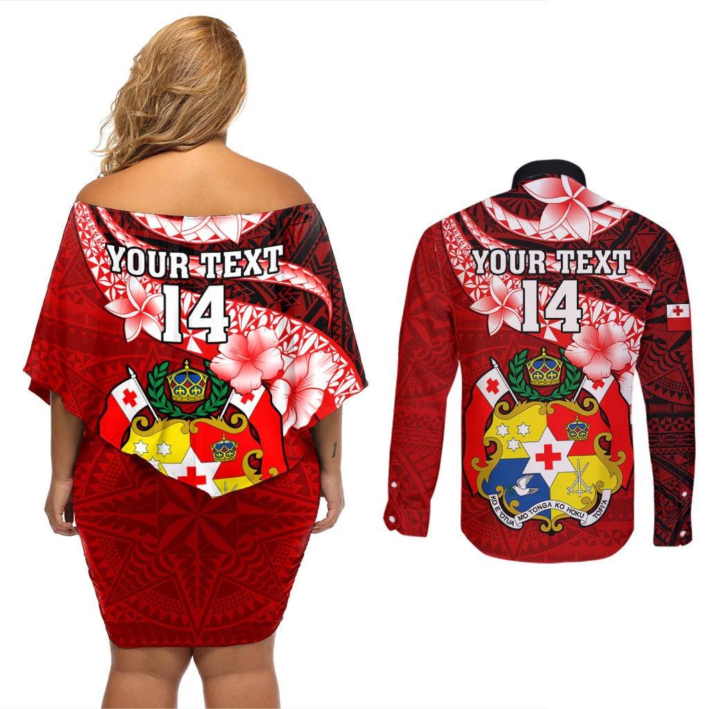 Custom Tonga Rugby Couples Matching Off Shoulder Short Dress and Long Sleeve Button Shirts Ikale Tahi Tongan Ngatu Pattern With Dabbing Ball LT14 - Polynesian Pride