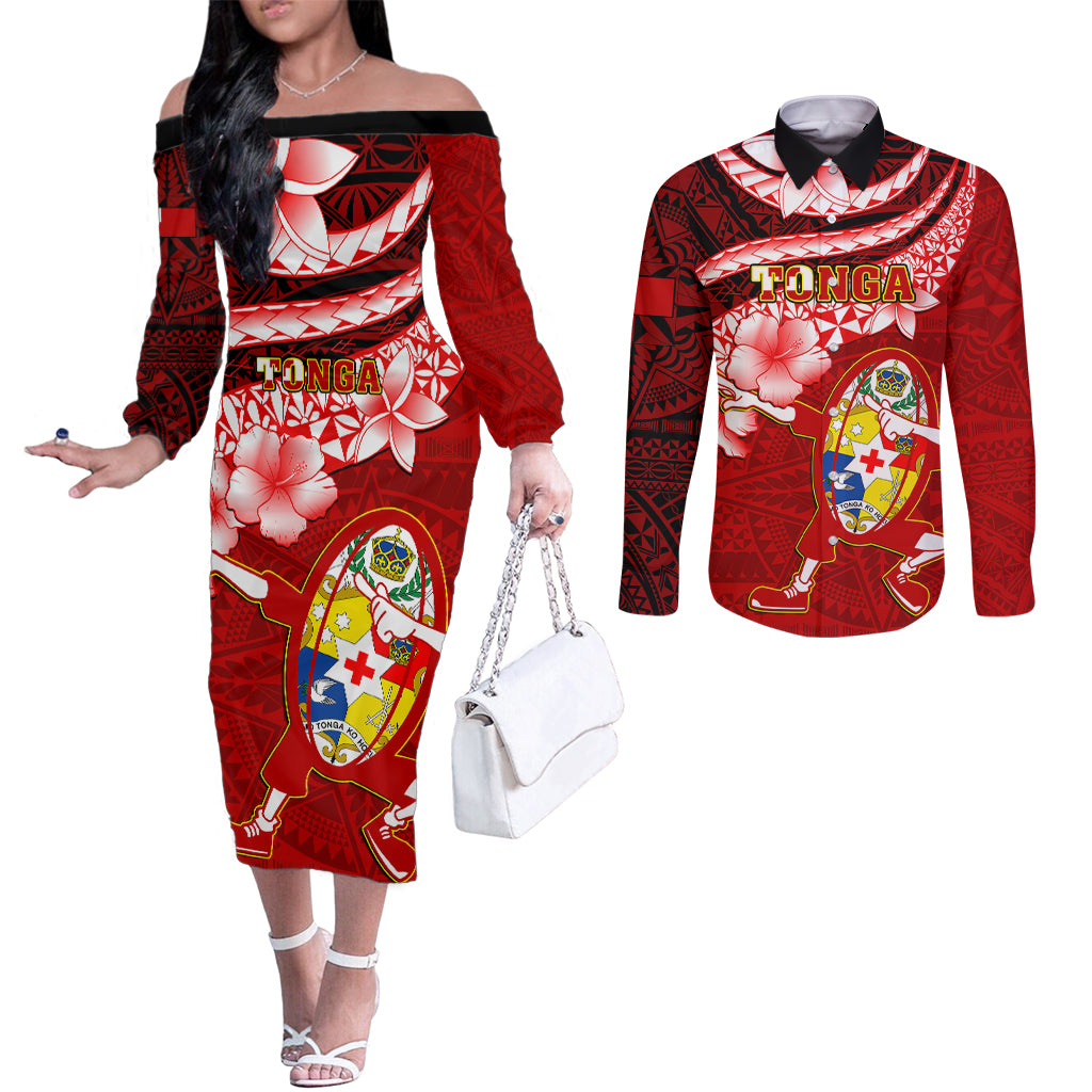 Custom Tonga Rugby Couples Matching Off The Shoulder Long Sleeve Dress and Long Sleeve Button Shirts Ikale Tahi Tongan Ngatu Pattern With Dabbing Ball LT14 Red - Polynesian Pride