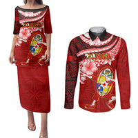 Custom Tonga Rugby Couples Matching Puletasi Dress and Long Sleeve Button Shirts Ikale Tahi Tongan Ngatu Pattern With Dabbing Ball LT14 Red - Polynesian Pride