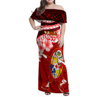 Custom Tonga Rugby Family Matching Off Shoulder Maxi Dress and Hawaiian Shirt Ikale Tahi Tongan Ngatu Pattern With Dabbing Ball LT14 Mom's Dress Red - Polynesian Pride