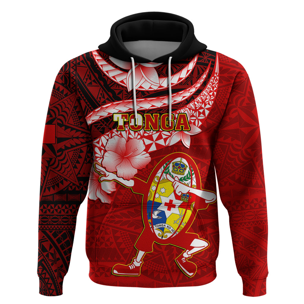 Custom Tonga Rugby Hoodie Ikale Tahi Tongan Ngatu Pattern With Dabbing Ball LT14 Pullover Hoodie Red - Polynesian Pride