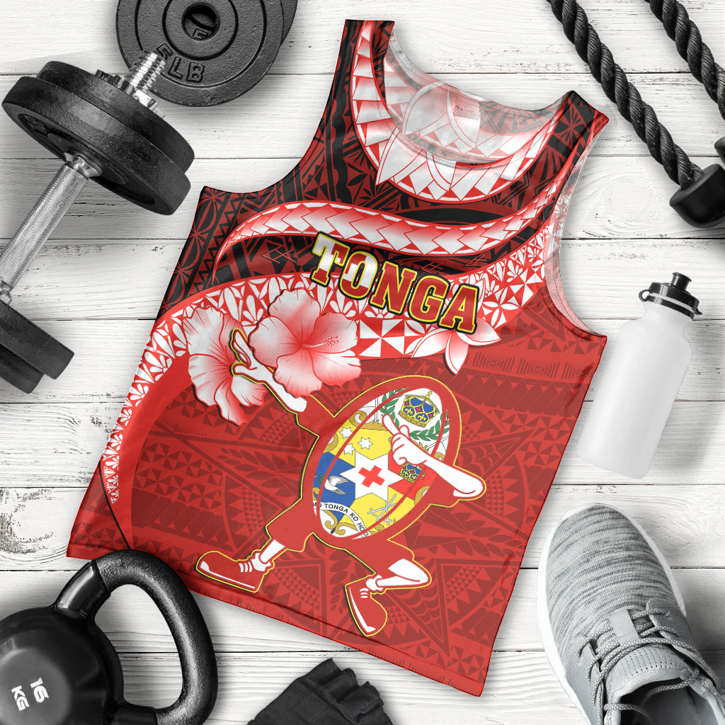 Custom Tonga Rugby Men Tank Top Ikale Tahi Tongan Ngatu Pattern With Dabbing Ball LT14 Red - Polynesian Pride