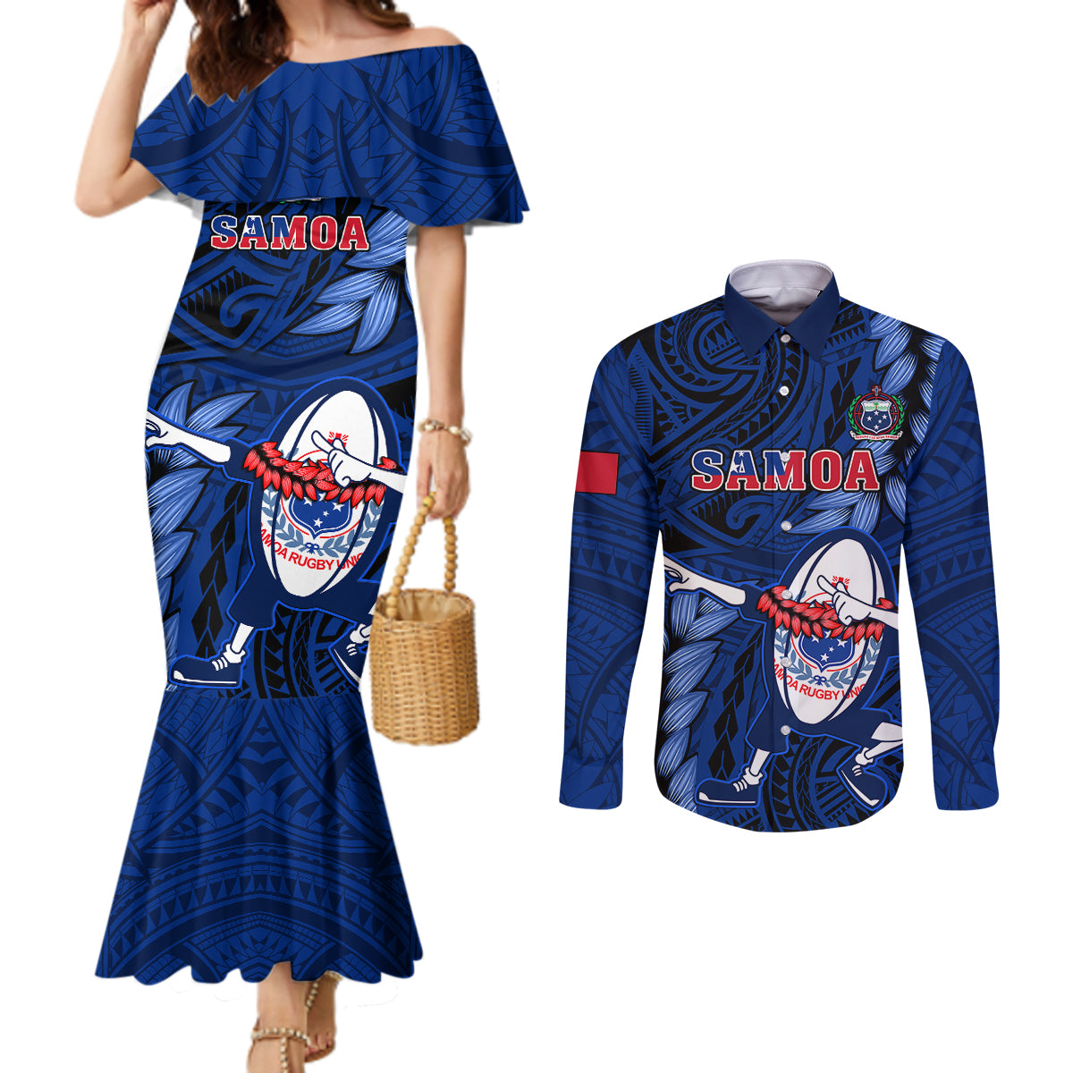 Samoa Rugby Couples Matching Mermaid Dress and Long Sleeve Button Shirts Manu Samoa Ula Fala Dabbing Ball Polynesian Blue Version LT14 Blue - Polynesian Pride