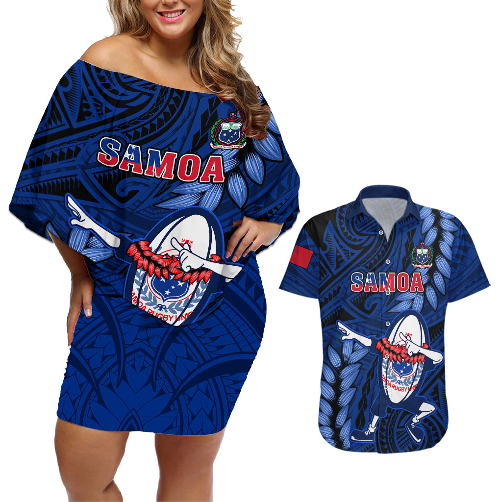 Samoa Rugby Couples Matching Off Shoulder Short Dress and Hawaiian Shirt Manu Samoa Ula Fala Dabbing Ball Polynesian Blue Version LT14 Blue - Polynesian Pride