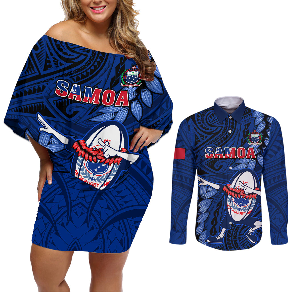 Samoa Rugby Couples Matching Off Shoulder Short Dress and Long Sleeve Button Shirts Manu Samoa Ula Fala Dabbing Ball Polynesian Blue Version LT14 Blue - Polynesian Pride