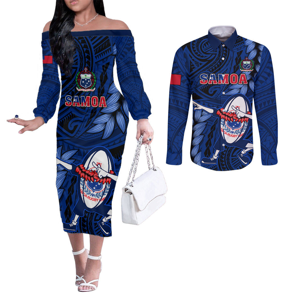 Samoa Rugby Couples Matching Off The Shoulder Long Sleeve Dress and Long Sleeve Button Shirts Manu Samoa Ula Fala Dabbing Ball Polynesian Blue Version LT14 Blue - Polynesian Pride