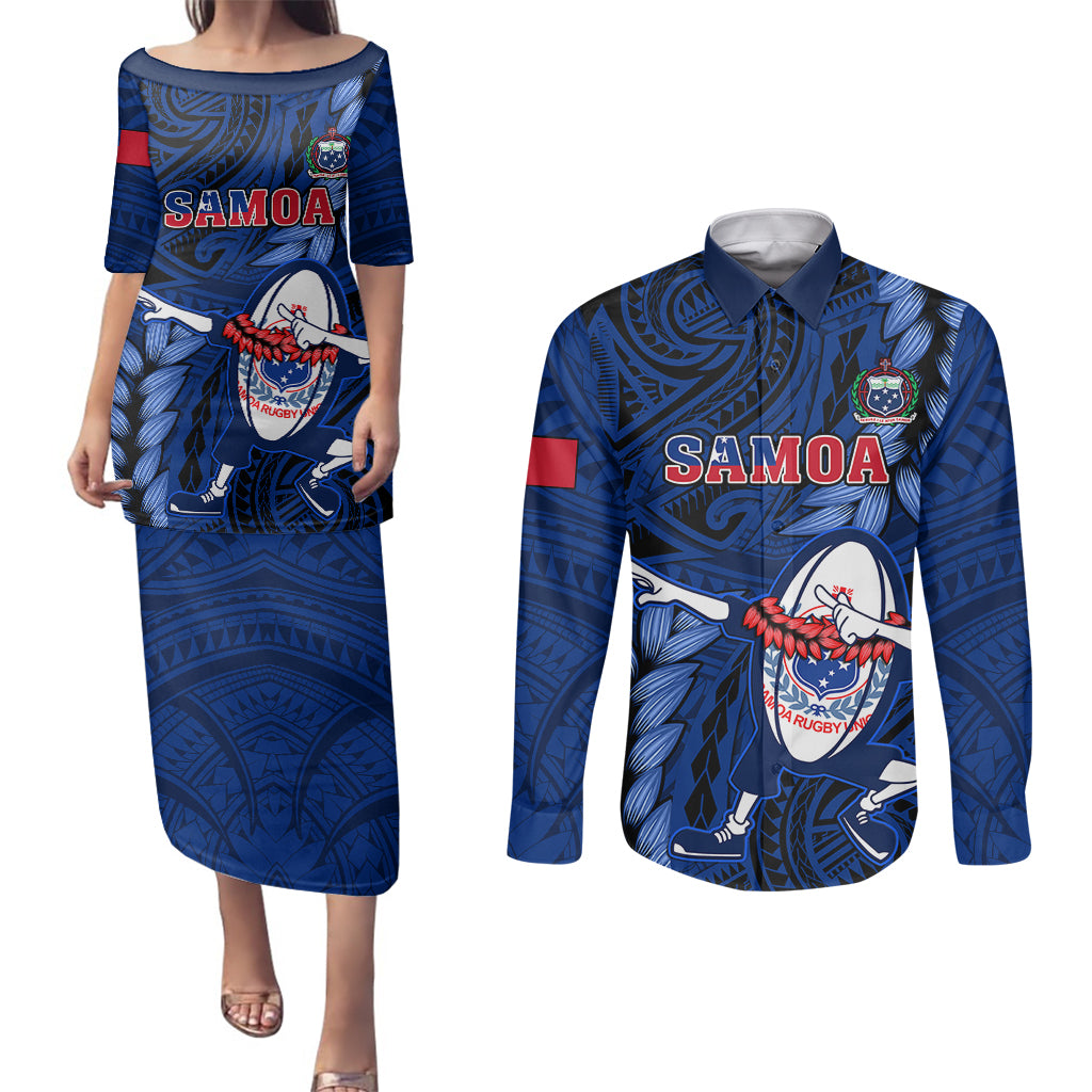 Samoa Rugby Couples Matching Puletasi Dress and Long Sleeve Button Shirts Manu Samoa Ula Fala Dabbing Ball Polynesian Blue Version LT14 Blue - Polynesian Pride