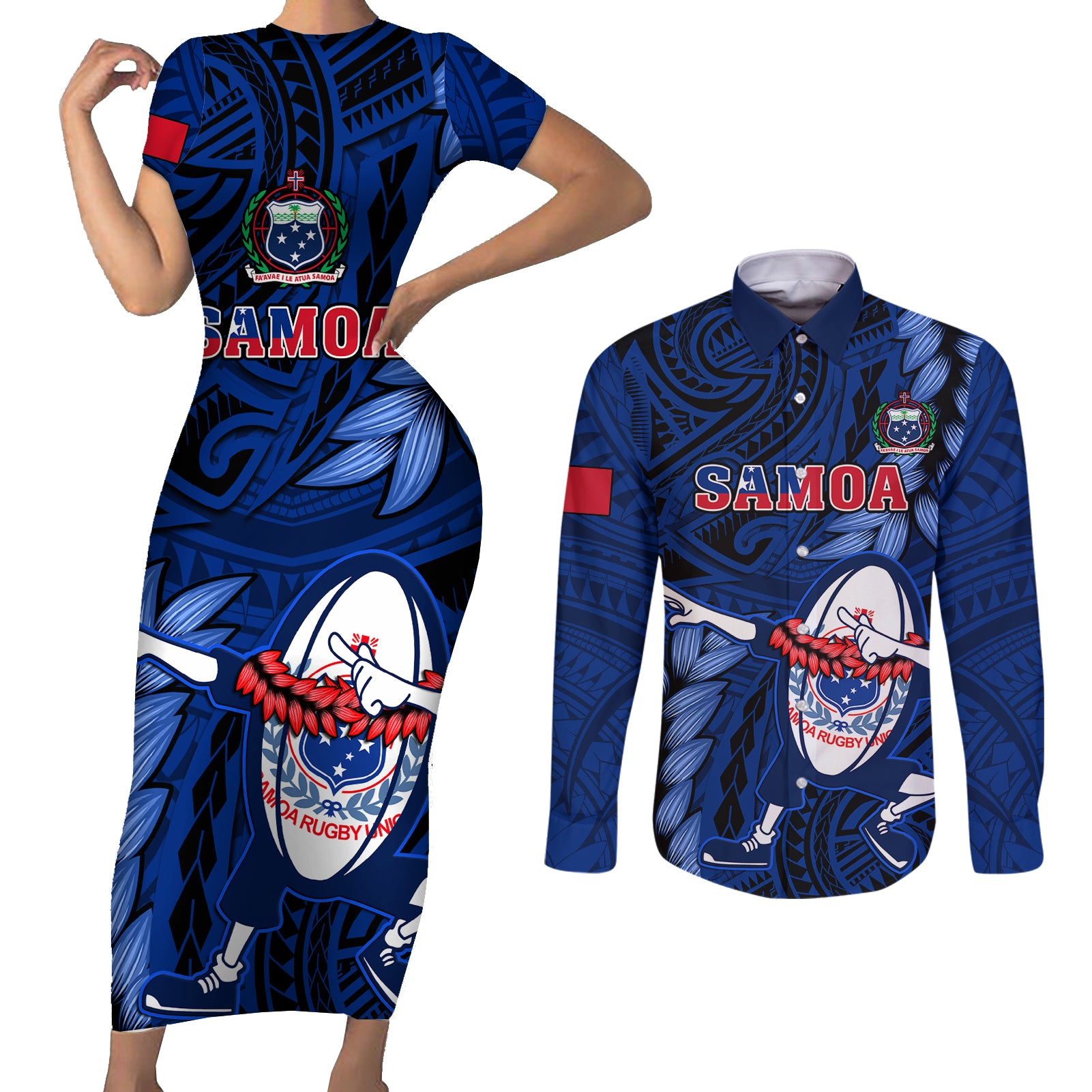 Samoa Rugby Couples Matching Short Sleeve Bodycon Dress and Long Sleeve Button Shirts Manu Samoa Ula Fala Dabbing Ball Polynesian Blue Version LT14 Blue - Polynesian Pride