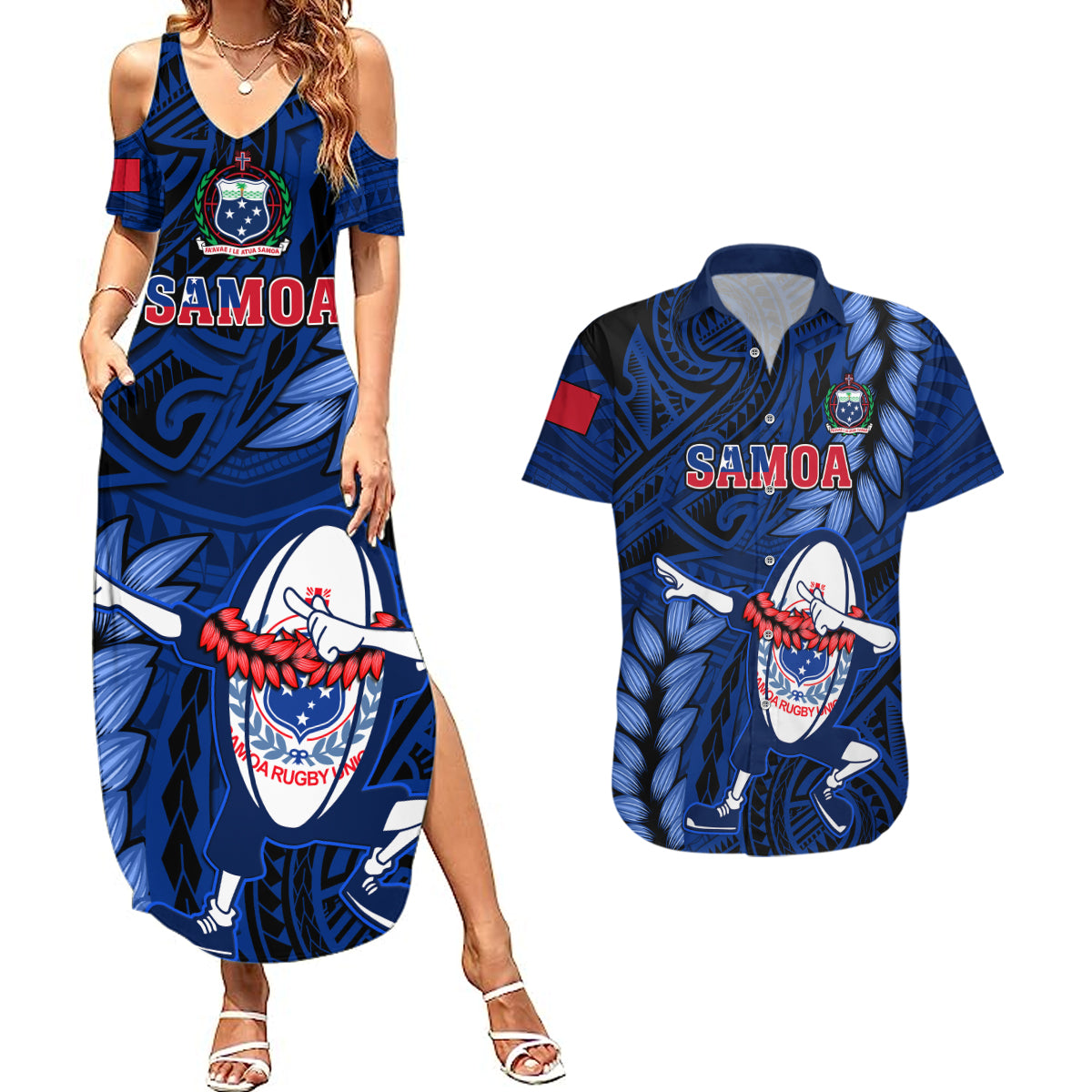 Samoa Rugby Couples Matching Summer Maxi Dress and Hawaiian Shirt Manu Samoa Ula Fala Dabbing Ball Polynesian Blue Version LT14 Blue - Polynesian Pride