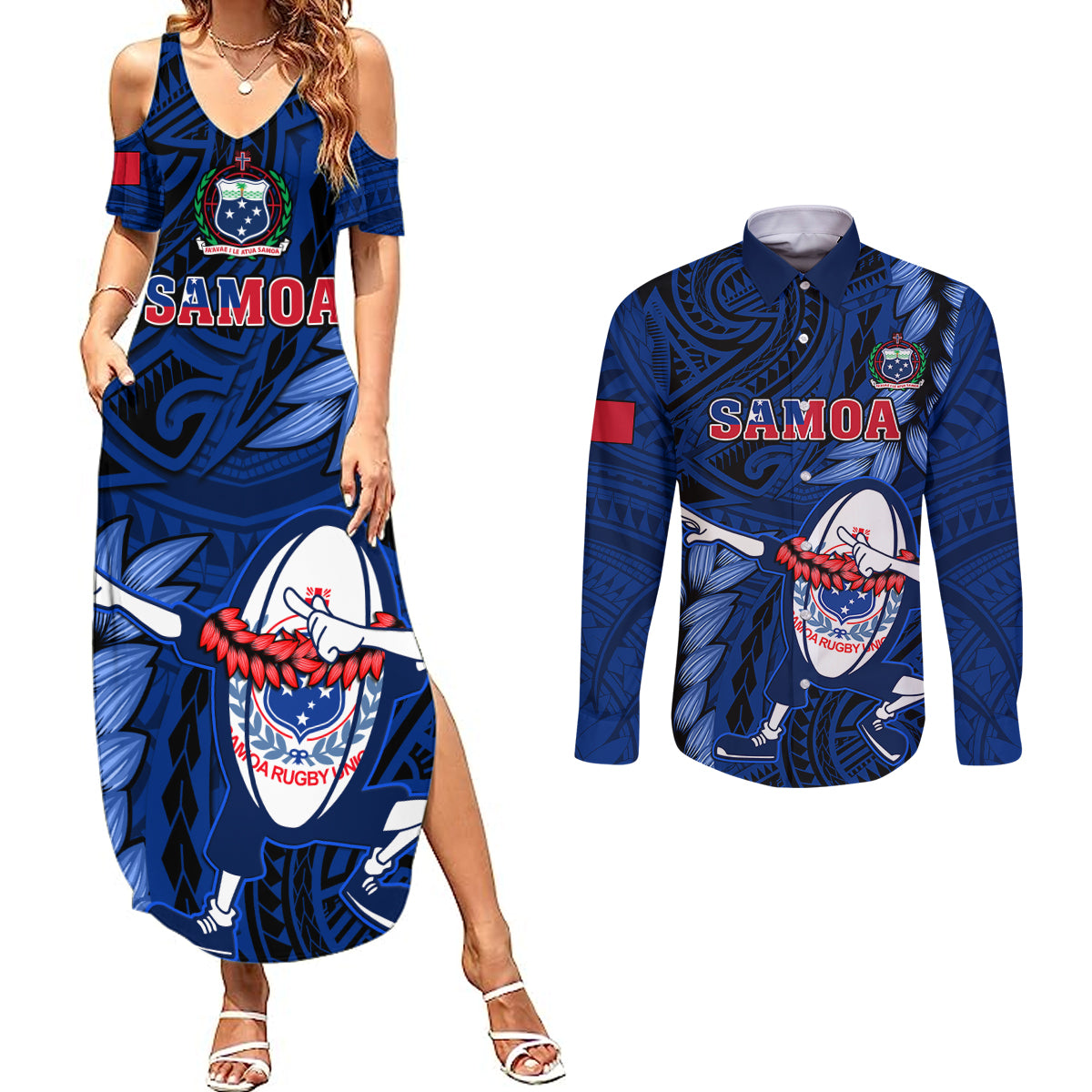 Samoa Rugby Couples Matching Summer Maxi Dress and Long Sleeve Button Shirts Manu Samoa Ula Fala Dabbing Ball Polynesian Blue Version LT14 Blue - Polynesian Pride