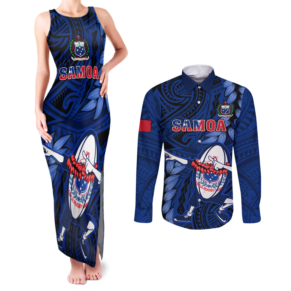 Samoa Rugby Couples Matching Tank Maxi Dress and Long Sleeve Button Shirts Manu Samoa Ula Fala Dabbing Ball Polynesian Blue Version LT14 Blue - Polynesian Pride