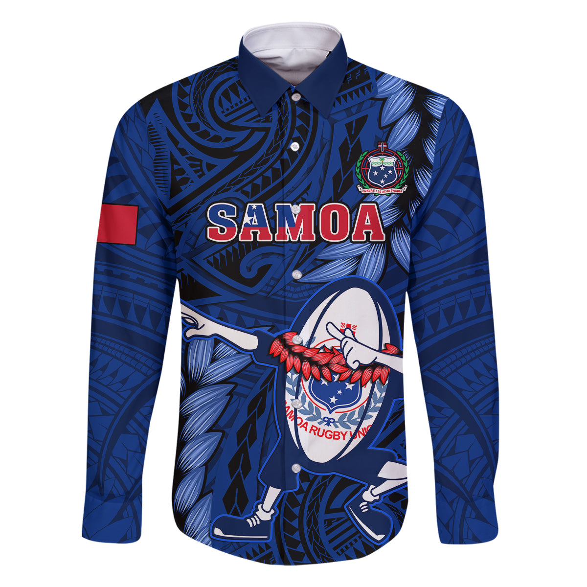 Samoa Rugby Family Matching Off Shoulder Long Sleeve Dress and Hawaiian Shirt Manu Samoa Ula Fala Dabbing Ball Polynesian Blue Version LT14 Dad's Shirt - Long Sleeve Blue - Polynesian Pride