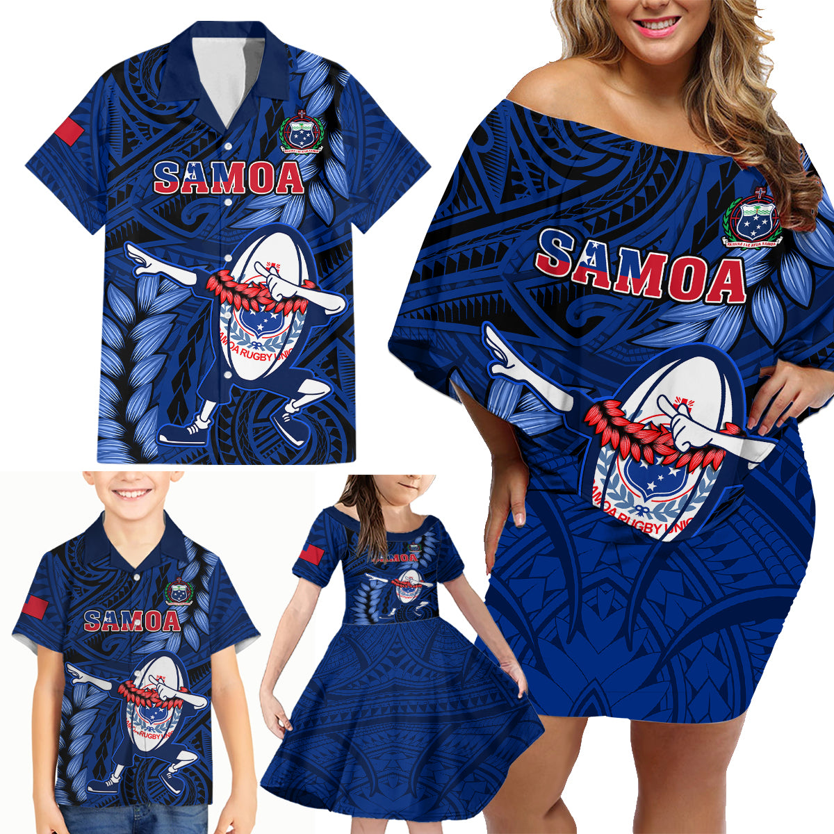 Samoa Rugby Family Matching Off Shoulder Short Dress and Hawaiian Shirt Manu Samoa Ula Fala Dabbing Ball Polynesian Blue Version LT14 - Polynesian Pride