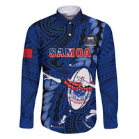 Samoa Rugby Family Matching Puletasi Dress and Hawaiian Shirt Manu Samoa Ula Fala Dabbing Ball Polynesian Blue Version LT14 Dad's Shirt - Long Sleeve Blue - Polynesian Pride