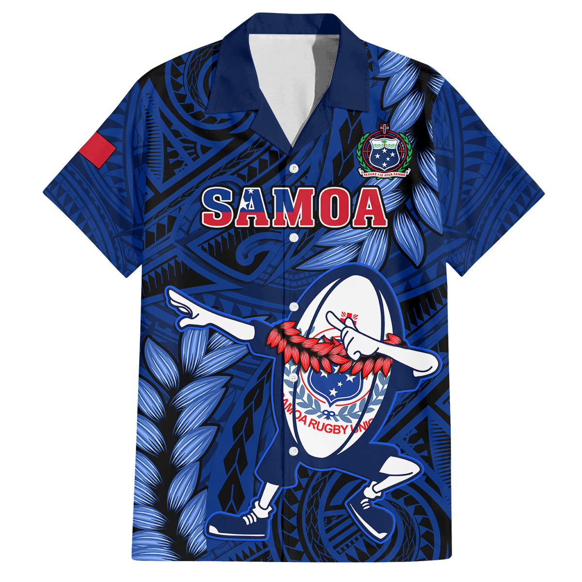 Samoa Rugby Family Matching Summer Maxi Dress and Hawaiian Shirt Manu Samoa Ula Fala Dabbing Ball Polynesian Blue Version LT14 Dad's Shirt - Short Sleeve Blue - Polynesian Pride