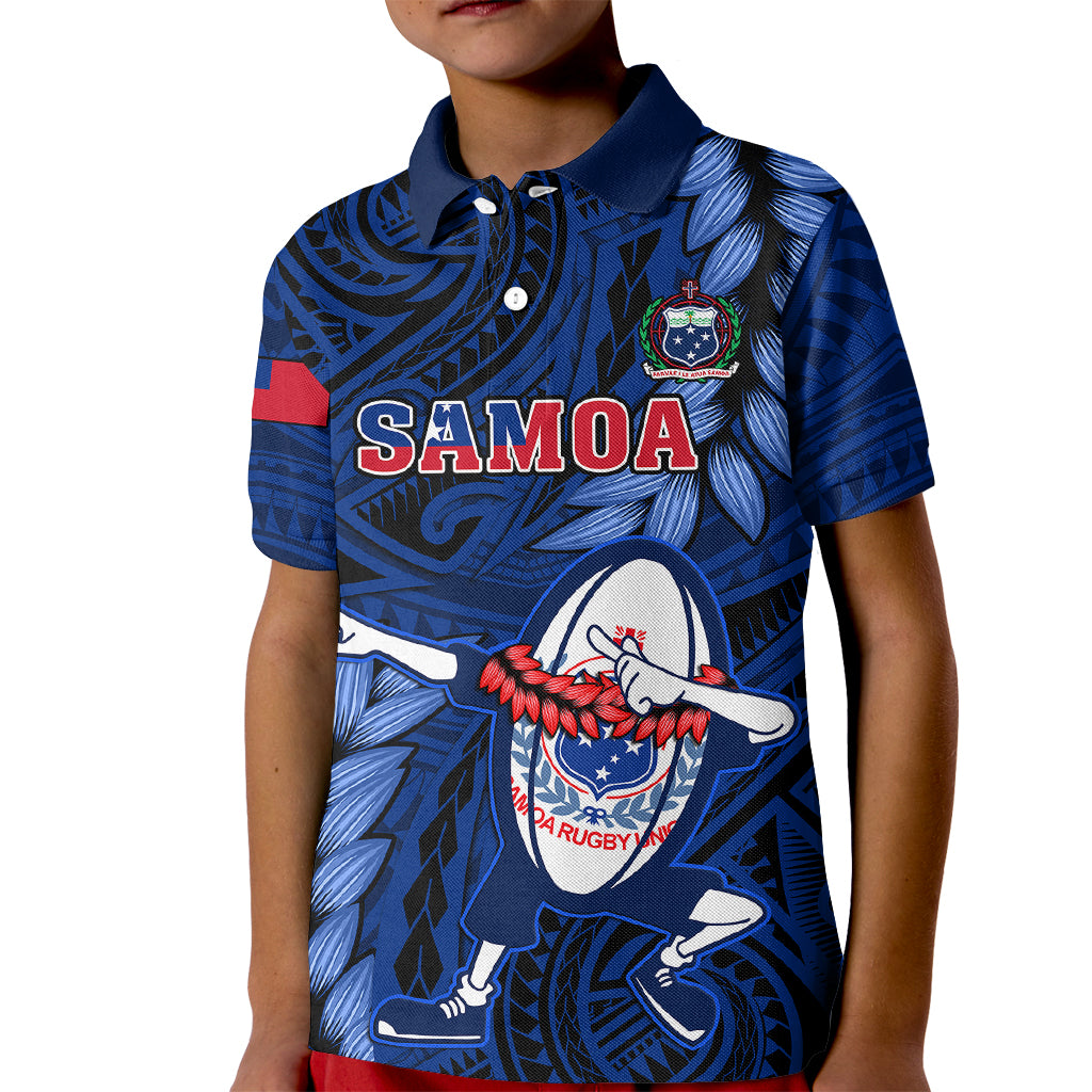 Samoa Rugby Kid Polo Shirt Manu Samoa Ula Fala Dabbing Ball Polynesian Blue Version LT14 Kid Blue - Polynesian Pride