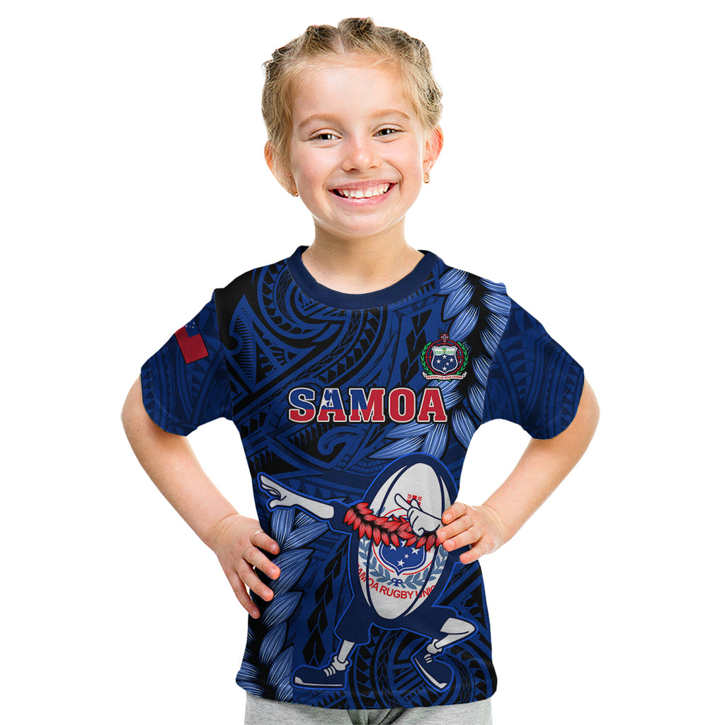 Samoa Rugby Kid T Shirt Manu Samoa Ula Fala Dabbing Ball Polynesian Blue Version LT14 Blue - Polynesian Pride