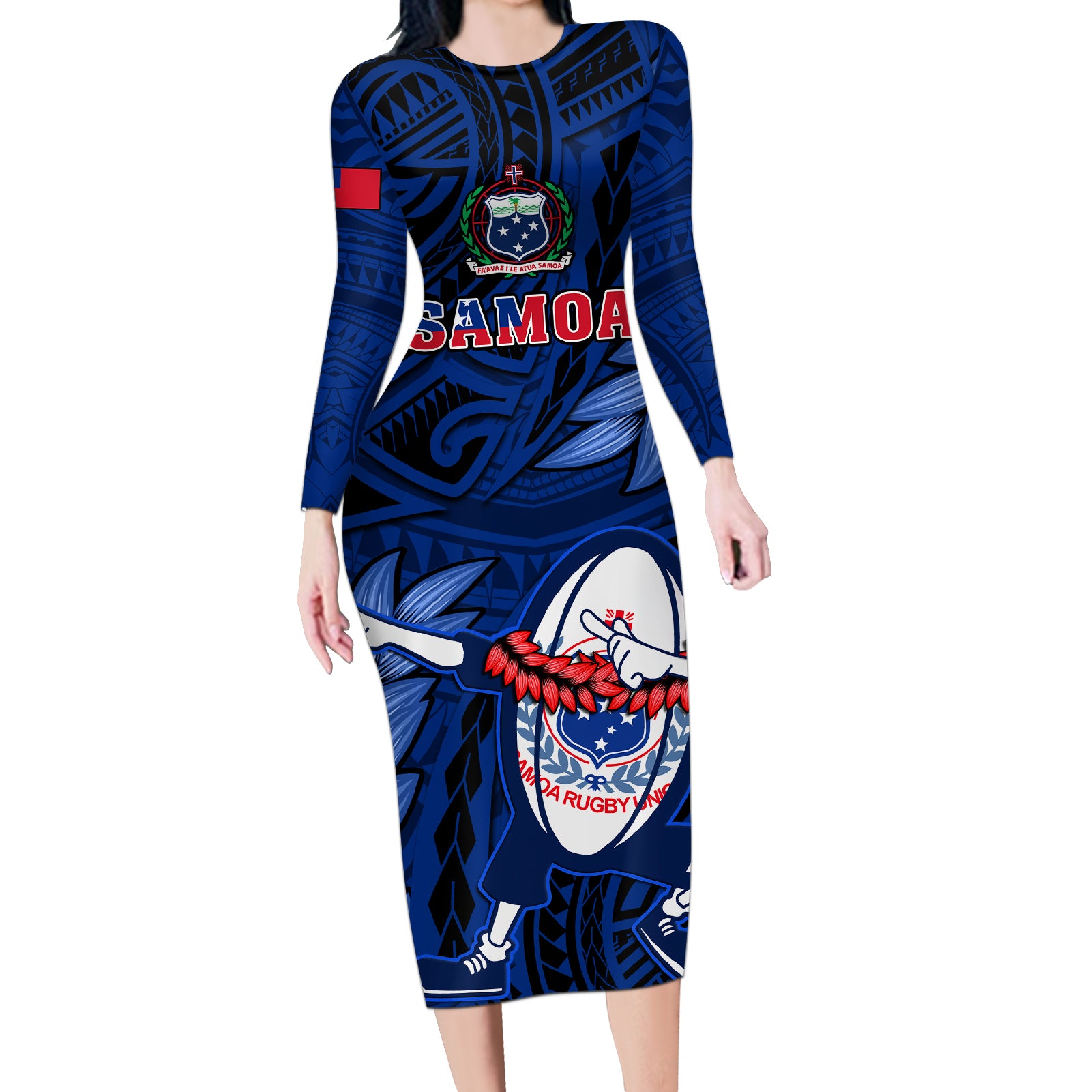 Samoa Rugby Long Sleeve Bodycon Dress Manu Samoa Ula Fala Dabbing Ball Polynesian Blue Version LT14 Long Dress Blue - Polynesian Pride