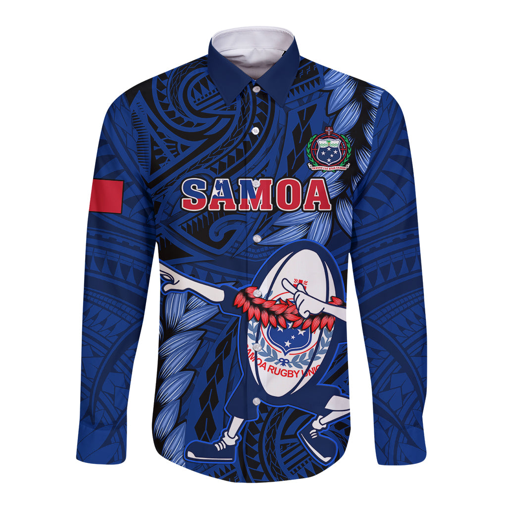 Samoa Rugby Long Sleeve Button Shirt Manu Samoa Ula Fala Dabbing Ball Polynesian Blue Version LT14 Unisex Blue - Polynesian Pride