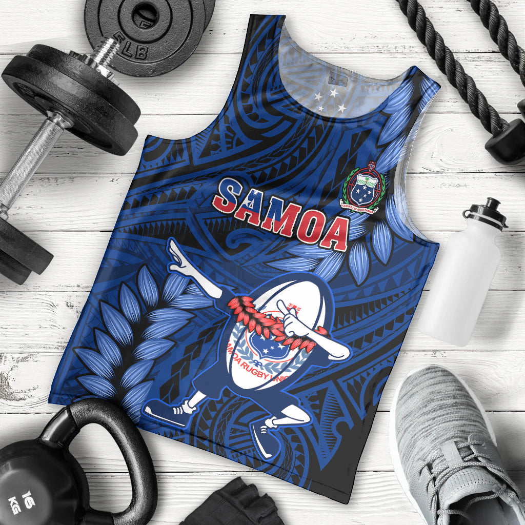 Samoa Rugby Men Tank Top Manu Samoa Ula Fala Dabbing Ball Polynesian Blue Version LT14 Blue - Polynesian Pride