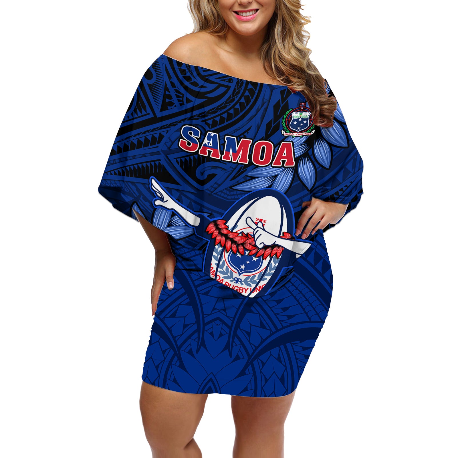 Samoa Rugby Off Shoulder Short Dress Manu Samoa Ula Fala Dabbing Ball Polynesian Blue Version LT14 Women Blue - Polynesian Pride