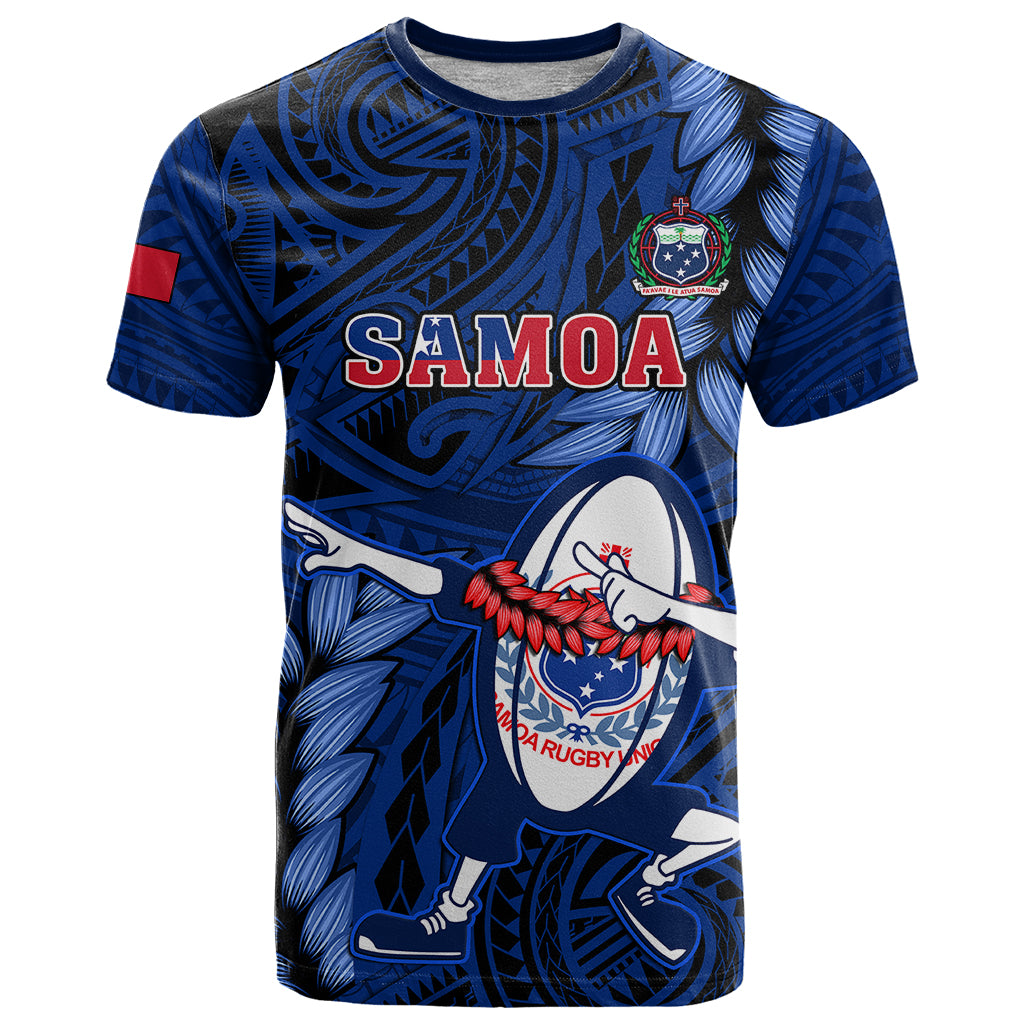 Samoa Rugby T Shirt Manu Samoa Ula Fala Dabbing Ball Polynesian Blue Version LT14 Blue - Polynesian Pride