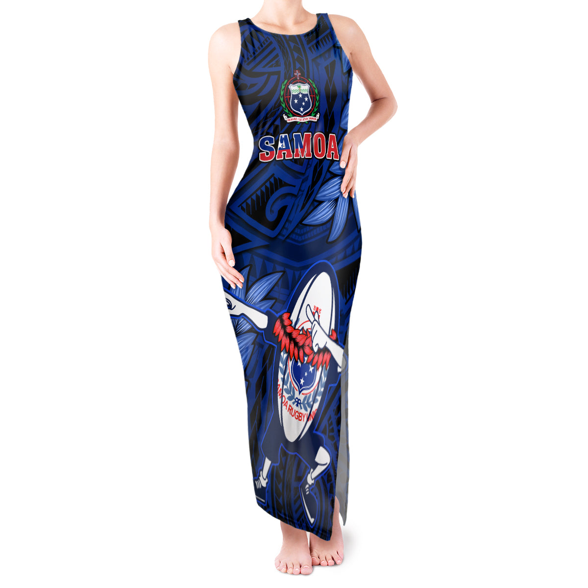 Samoa Rugby Tank Maxi Dress Manu Samoa Ula Fala Dabbing Ball Polynesian Blue Version LT14 Women Blue - Polynesian Pride