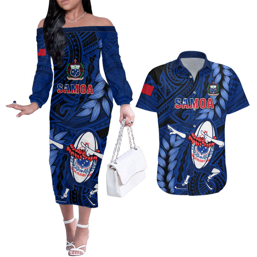 Custom Samoa Rugby Couples Matching Off The Shoulder Long Sleeve Dress and Hawaiian Shirt Manu Samoa Ula Fala Dabbing Ball Polynesian Blue Version LT14 Blue - Polynesian Pride