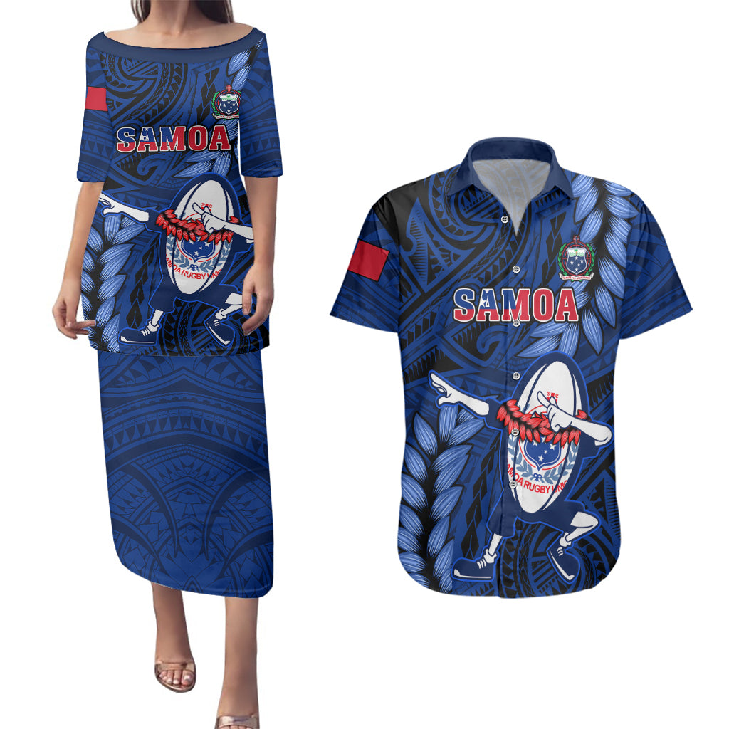 Custom Samoa Rugby Couples Matching Puletasi Dress and Hawaiian Shirt Manu Samoa Ula Fala Dabbing Ball Polynesian Blue Version LT14 Blue - Polynesian Pride