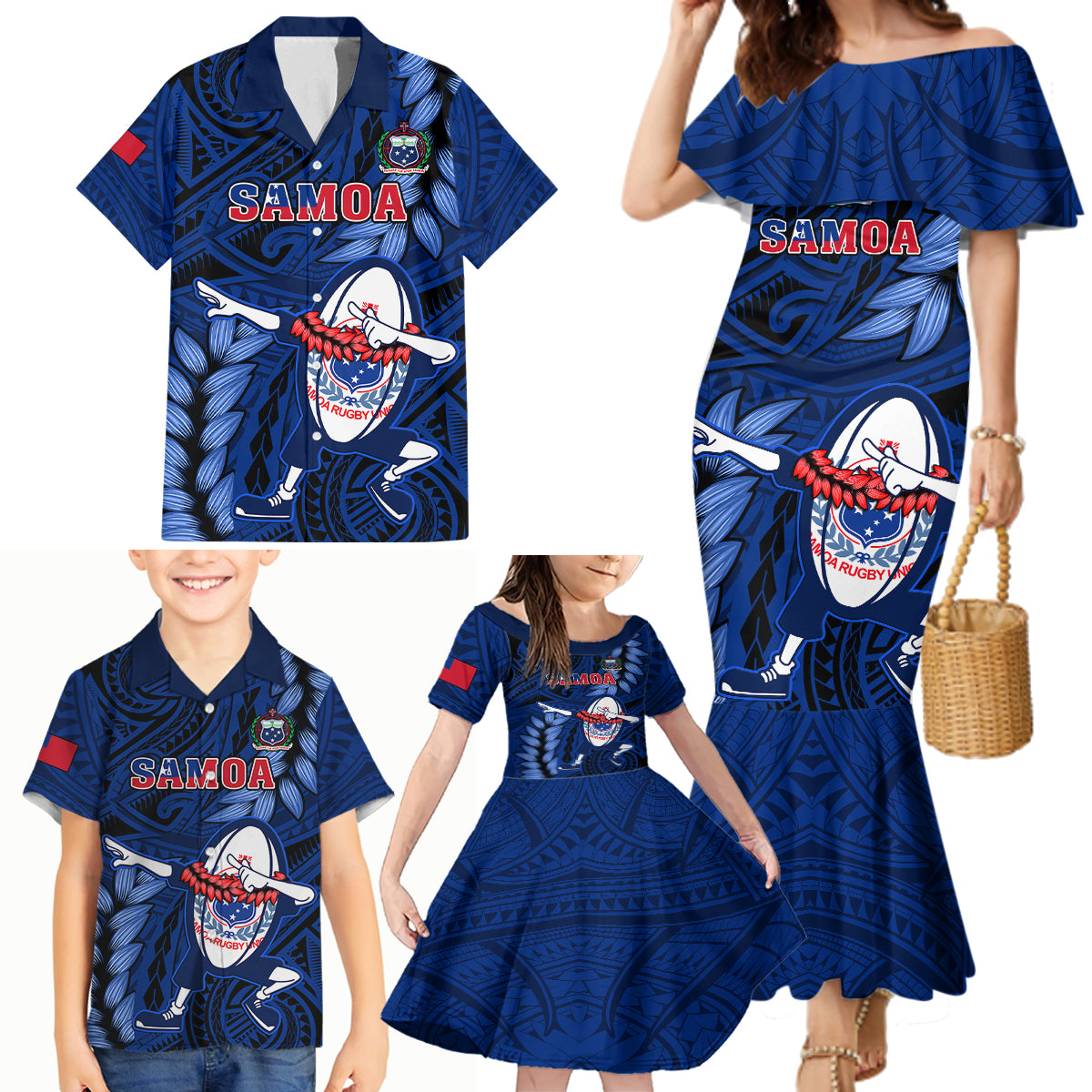 Custom Samoa Rugby Family Matching Mermaid Dress and Hawaiian Shirt Manu Samoa Ula Fala Dabbing Ball Polynesian Blue Version LT14 - Polynesian Pride