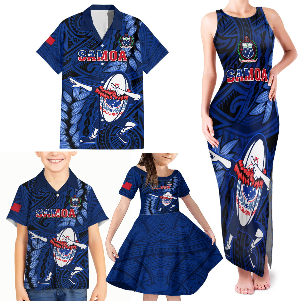 Custom Samoa Rugby Family Matching Tank Maxi Dress and Hawaiian Shirt Manu Samoa Ula Fala Dabbing Ball Polynesian Blue Version LT14 - Polynesian Pride