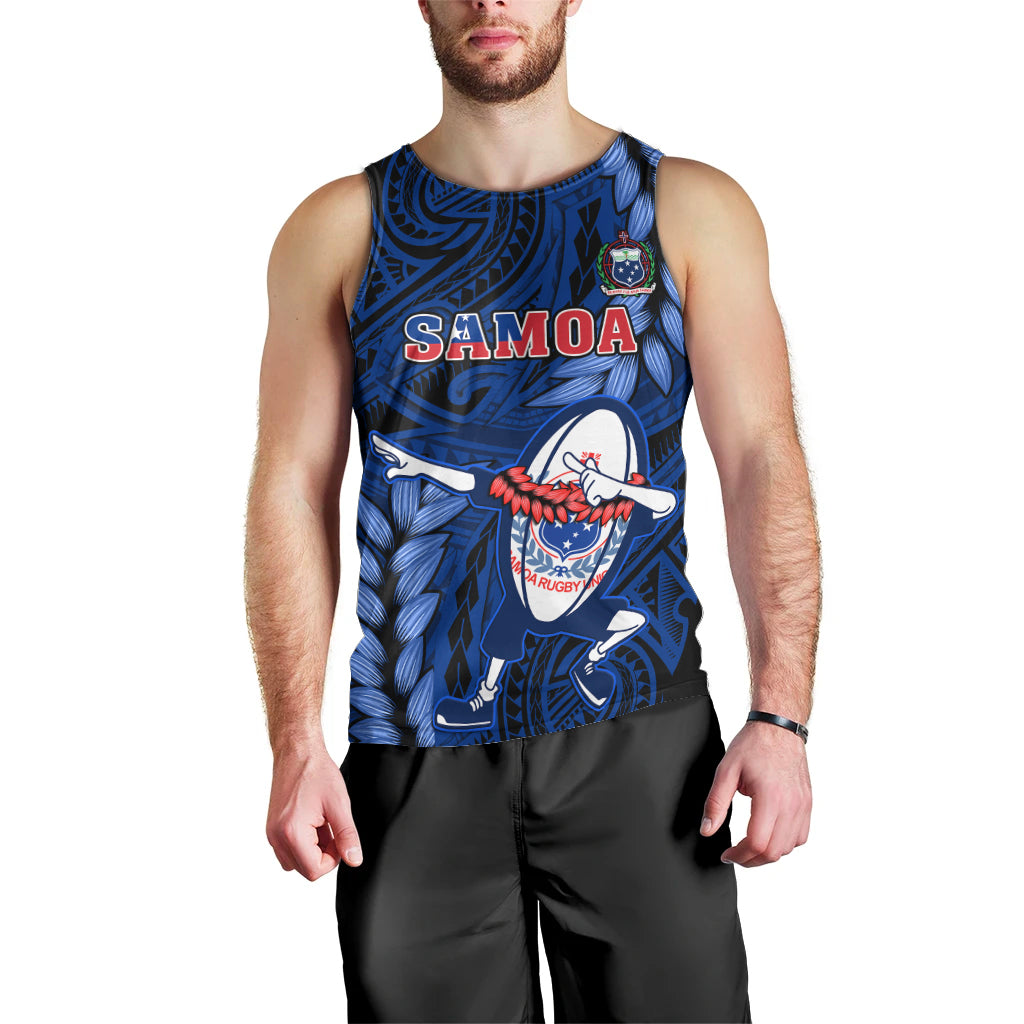Custom Samoa Rugby Men Tank Top Manu Samoa Ula Fala Dabbing Ball Polynesian Blue Version LT14 - Polynesian Pride