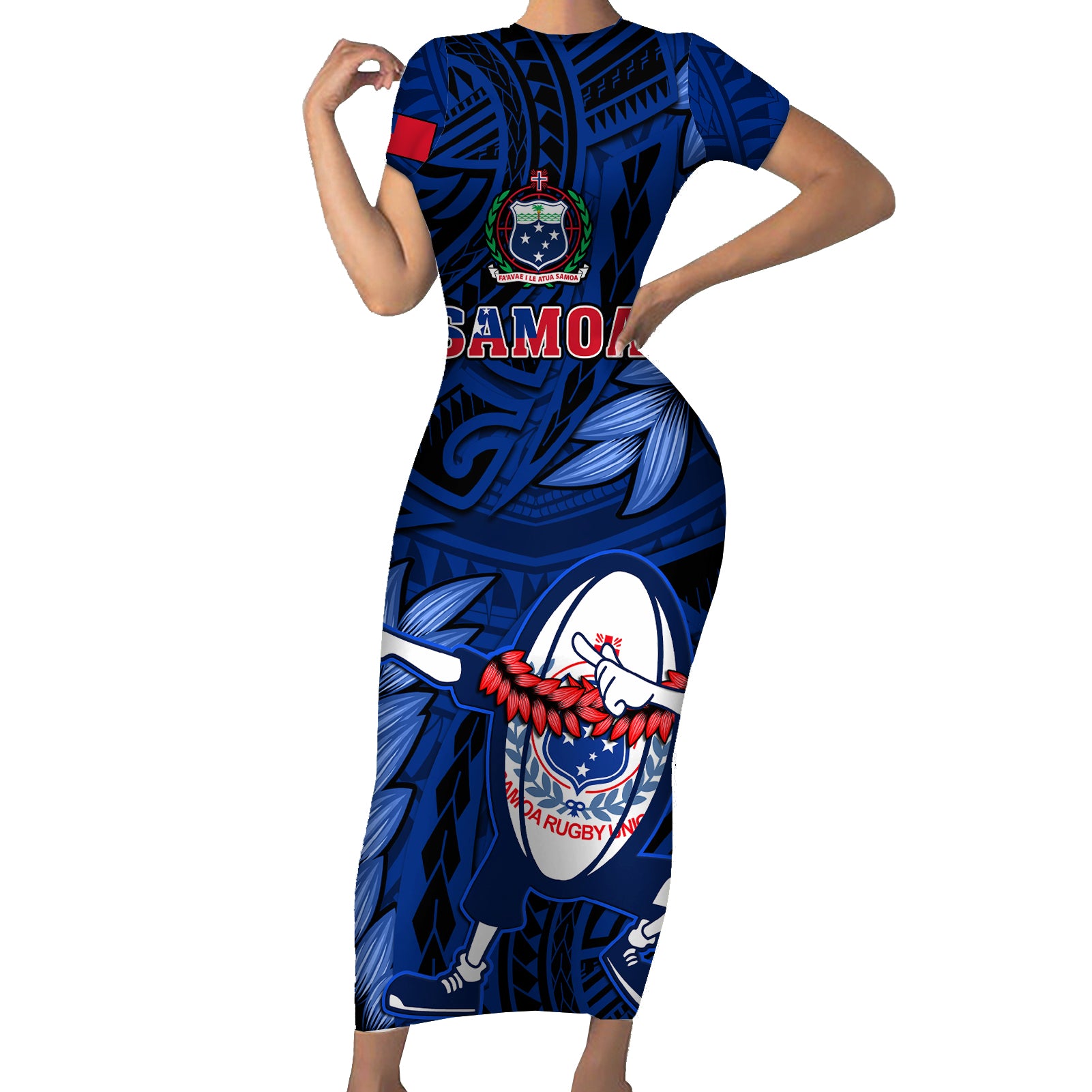 Custom Samoa Rugby Short Sleeve Bodycon Dress Manu Samoa Ula Fala Dabbing Ball Polynesian Blue Version LT14 Long Dress Blue - Polynesian Pride