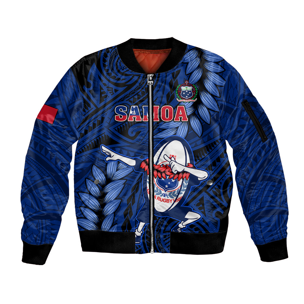 Custom Samoa Rugby Sleeve Zip Bomber Jacket Manu Samoa Ula Fala Dabbing Ball Polynesian Blue Version LT14 Unisex Blue - Polynesian Pride