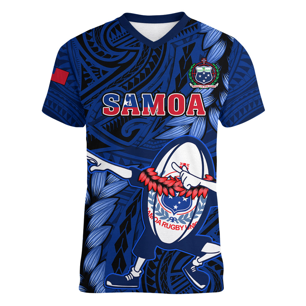 Custom Samoa Rugby Women V Neck T Shirt Manu Samoa Ula Fala Dabbing Ball Polynesian Blue Version LT14 Female Blue - Polynesian Pride