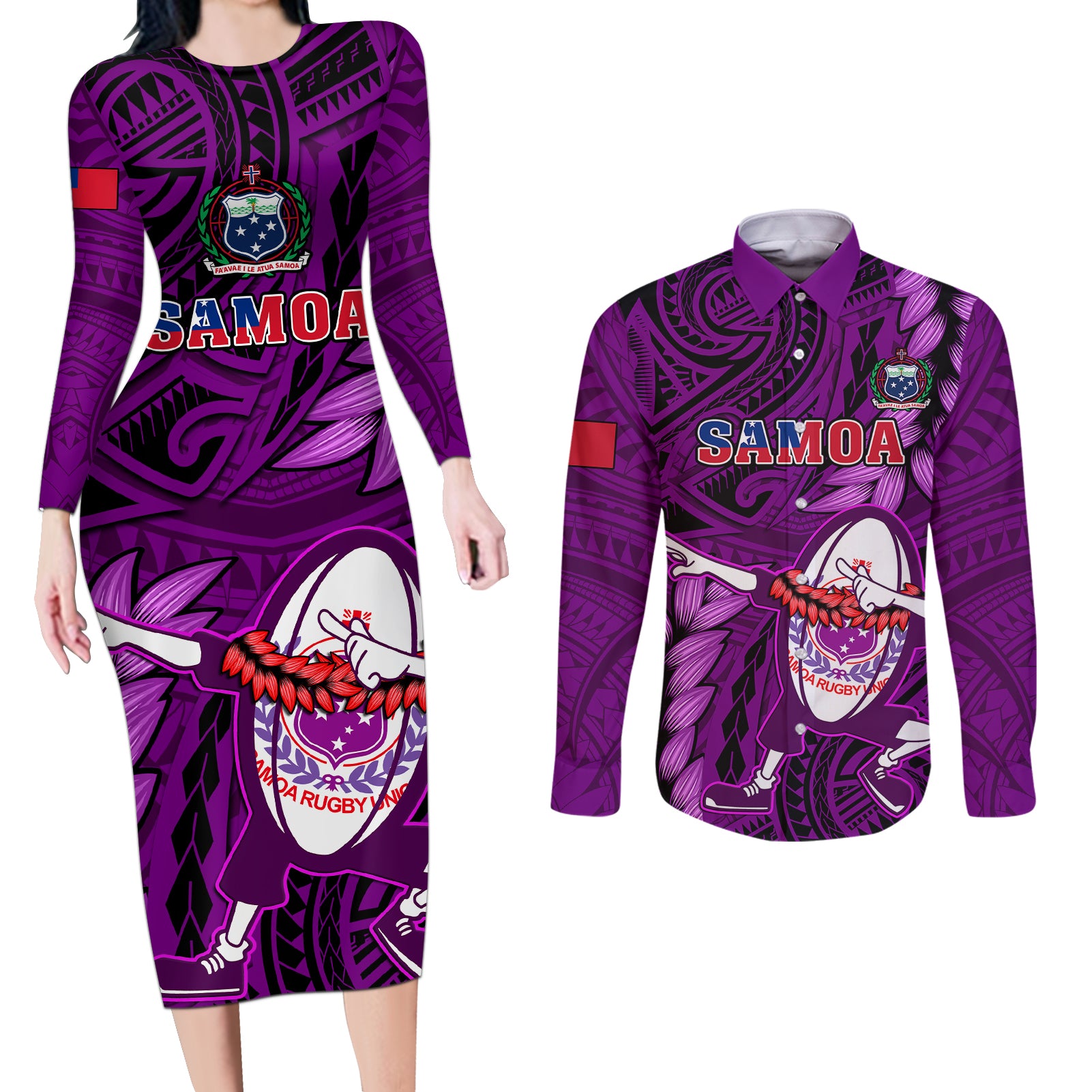 Samoa Rugby Couples Matching Long Sleeve Bodycon Dress and Long Sleeve Button Shirts Manu Samoa Ula Fala Dabbing Ball Polynesian Purple Version LT14 Purple - Polynesian Pride