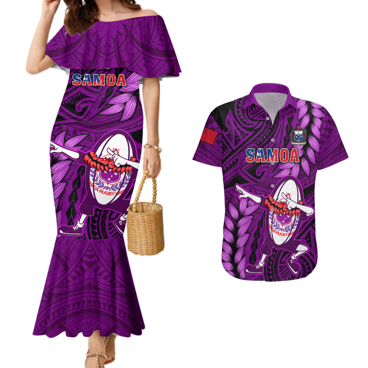 Samoa Rugby Couples Matching Mermaid Dress and Hawaiian Shirt Manu Samoa Ula Fala Dabbing Ball Polynesian Purple Version LT14 Purple - Polynesian Pride