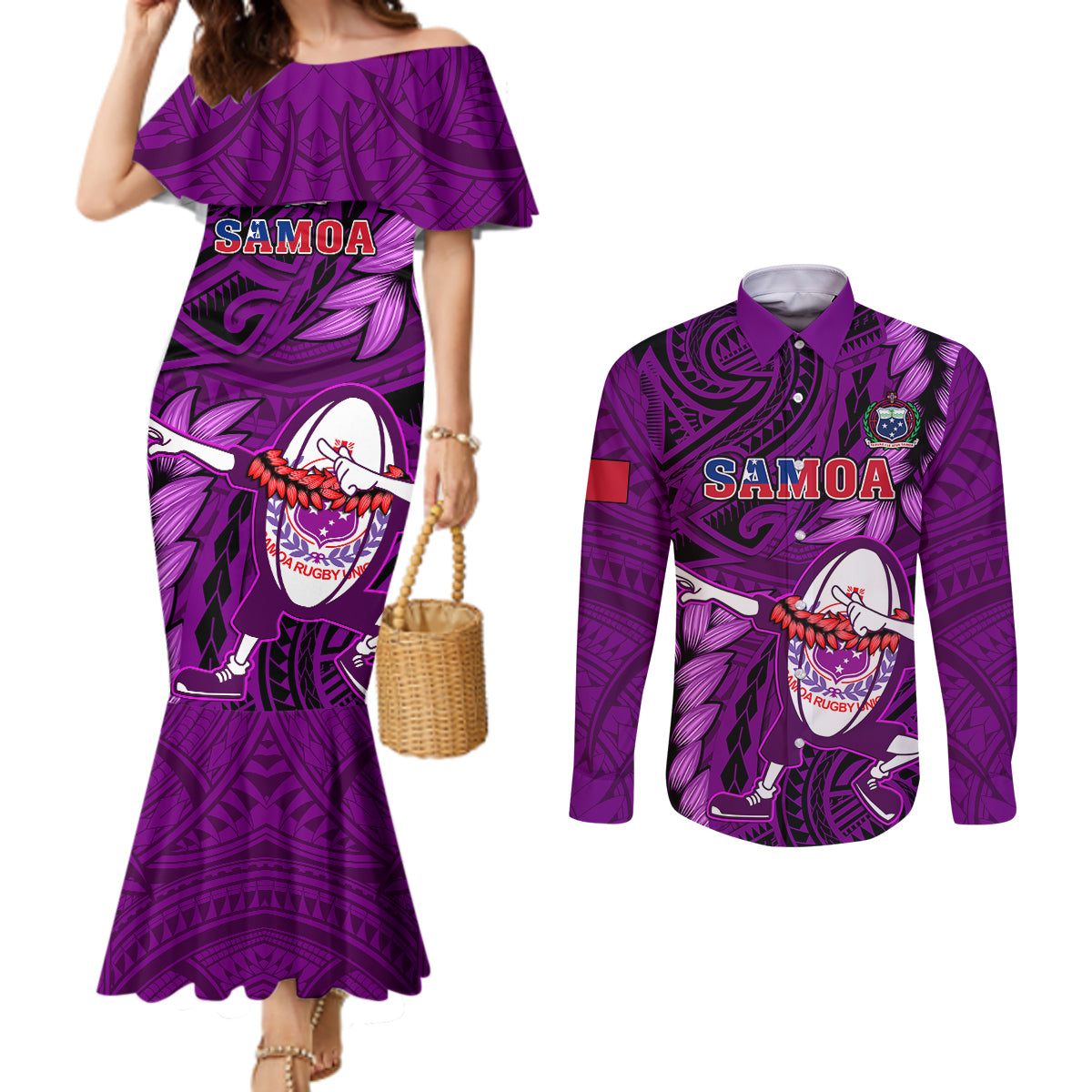 Samoa Rugby Couples Matching Mermaid Dress and Long Sleeve Button Shirts Manu Samoa Ula Fala Dabbing Ball Polynesian Purple Version LT14 Purple - Polynesian Pride